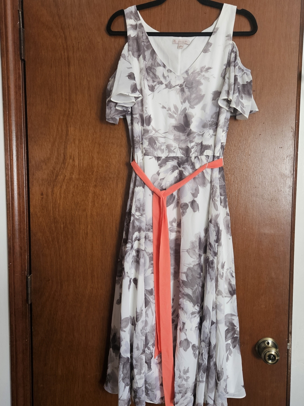 Floral Gray Cold-Shoulder Maxi Dress with Coral Sash